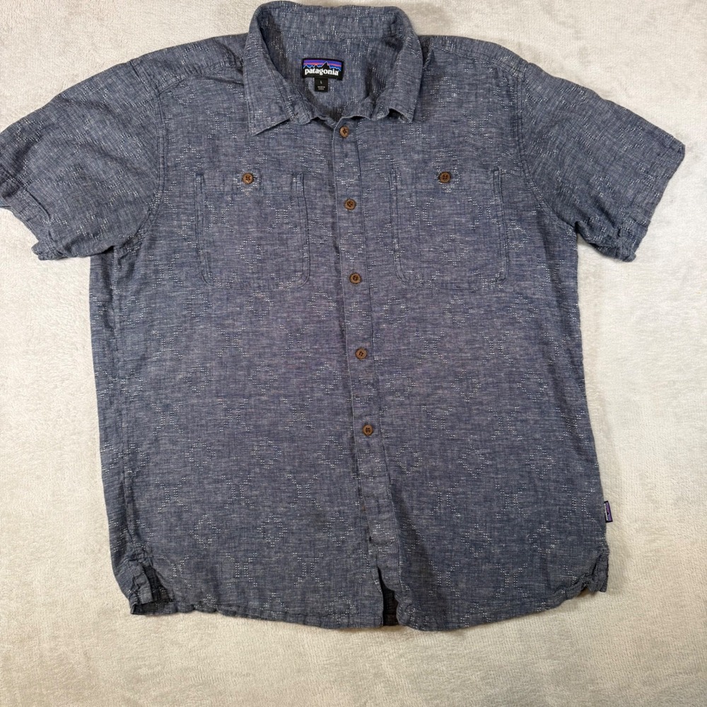 Patagonia Mens Back Step Shirt Large Blue Dobby Hemp Cotton SS Button Up‎ 53139